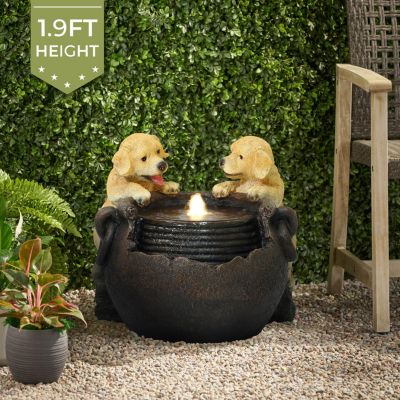 Puppy Love Farmhouse Resin Outdoor Fountain with Lights