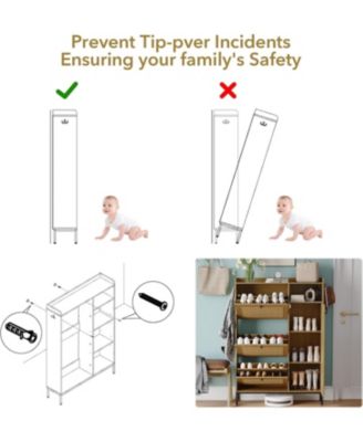 "Shoe cabinet with 3 flip drawers, rattan freestanding organizer with adjustable shelves and metal knob, narrow shoe rack for entryway."