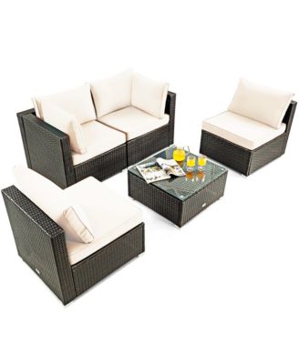 5PCS Rattan Patio Conversation Set Sofa Furniture Set w/ White Cushions