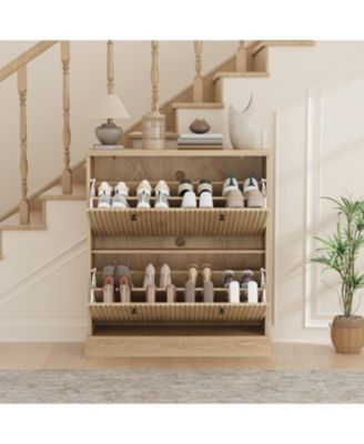 Fluted Shoe Cabinet with 2 Flip Drawers Narrow Cabinet with Adjustable Shelves and Elegant Handles Wooden Shoe Organizer