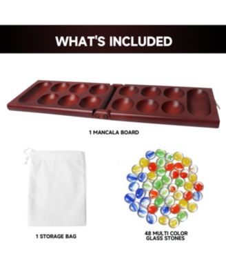 Folding Wooden Mancala Board Game with  Glass Stone and Storage Bag