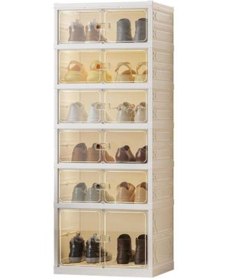 Shoe Organizer Storage Box 12 Pairs Foldable Shoe Rack for Closet with Dustproof Doors No Assembly Stackable Boot Shoes Boxes Cabinet Bins