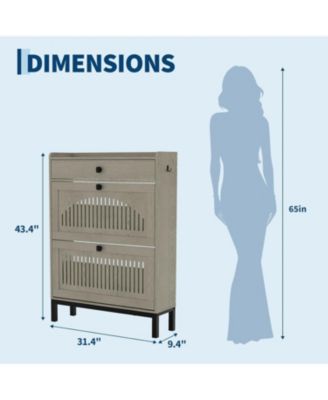 Shoe Storage Cabinet with 2 Flip Drawer Shoes Organizer with with Top Drawer Hollow Out Panel and Black Square Handles Adjustable Shoe Rack