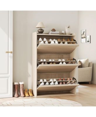 Shoe Cabinet with 3 Flip Drawers Narrow Cabinet with Adjustable and Removable Shelves Modern Wooden Shoe Organizer with Hidden Handle