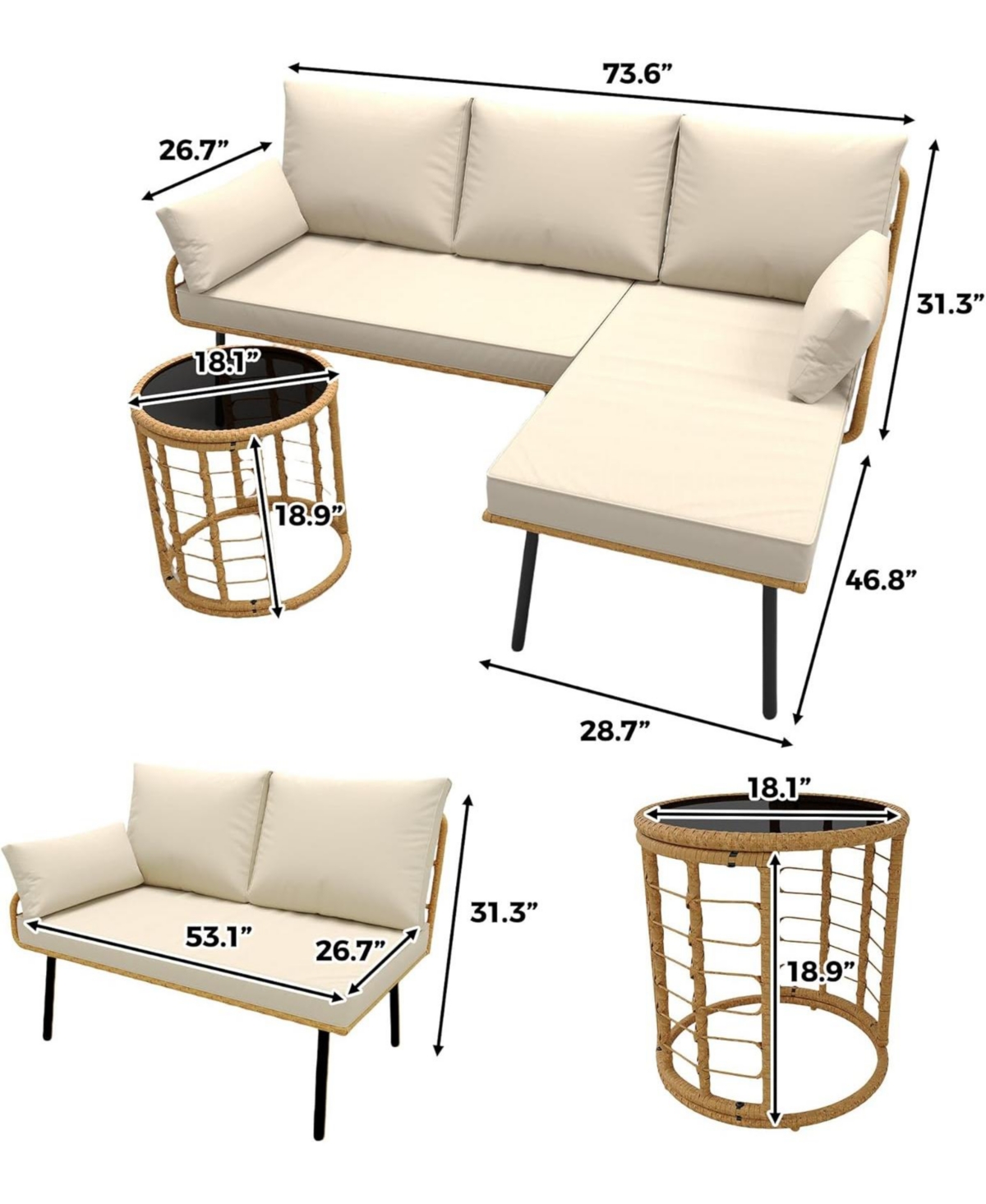 gaomon 3Pcs Rattan Patio Furniture Set, Outdoor Wicker Sectional L-Shaped Sofa with Cushion and Coffee Table, All Weather Conversation Set for Deck