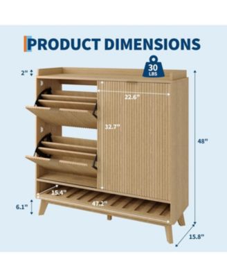 Fluted Shoe Cabinet Storage with 2 Flip Drawers and Sliding Door and Adjustable Shelf Rack Freestanding Wood Narrow Hidden Shoe Organizer