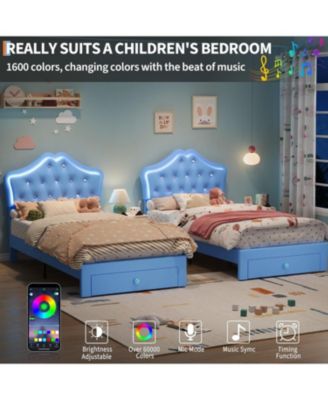 LED Twin Bed Frame for Kids with Beauty Crystal Button Headboard, Upholstered PU Leather Platform Princess Bed with Storage Drawer