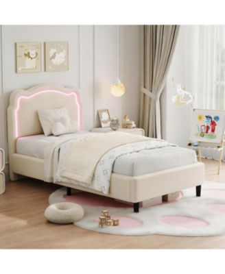 Twin Upholstered Bed Frame with Smart LED and Adjustable Bear Headboard, Velvet Princess Platform Bed, Wooden Slats Support Kids Bed