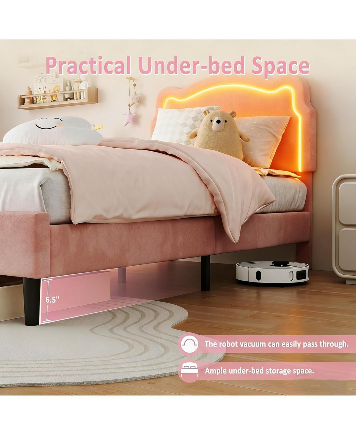 gaomon Twin Upholstered Bed Frame with Smart Led and Adjustable Bear Headboard, Velvet Princess Platform Bed, Wooden Slats Support Kids