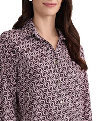 Petite Long-Sleeve Button-Front Printed Top