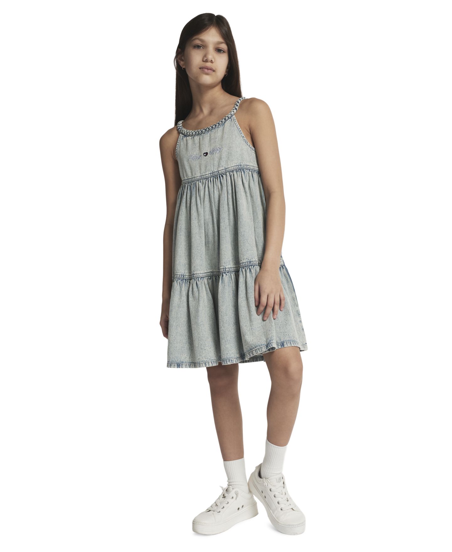 Платье Tommy Hilfiger Rope Trim Scoop Neck Denim Dress для девочек, цвет: Выбеленный варёный — фото 2