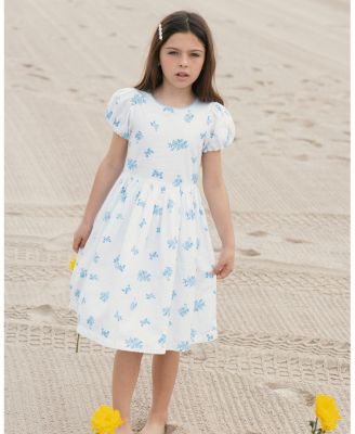 Little and Big Girls Organic Puff Sleeve Sateen Party Dress