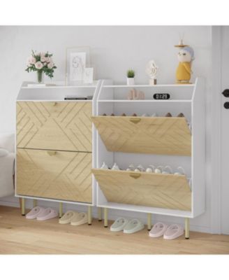 Slim Space Saving Shoe Cabinet with 2 Flip Drawers, Freestanding Hidden Storage Organizer with Adjustable Shelf, No Assembly Needed