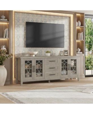Farmhouse TV Stand with Glass Door for 70 Inch Tv, Mid Century Modern Entertainment Center for Living Room