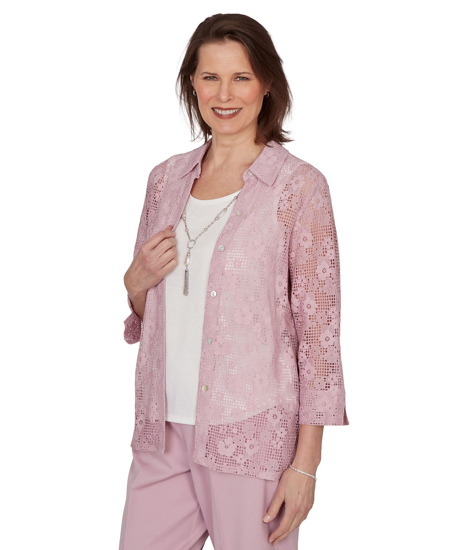 Petite Charm Floral Lace Two-In-One Collared Top with Necklace