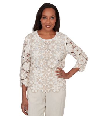 Petite Floral Crochet 3/4-Length-Sleeve Top