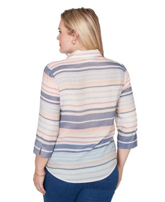Petite Stripe Button-Front Collared Top