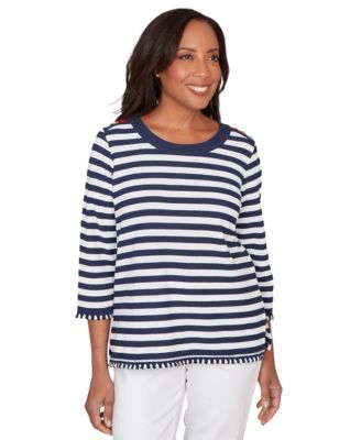 Petite Port Side Pique Stripe Button Detail Crew Neck Top