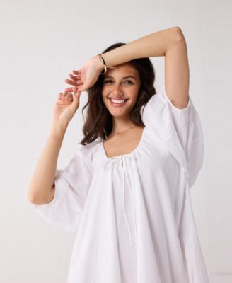 Women's Puff Sleeved Dress with Drawstring Neckline