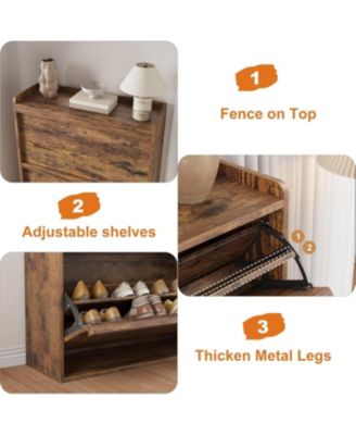 Shoe Cabinet with 3 Flip Drawers Narrow Cabinet with Adjustable and Removable Shelves Modern Wooden Shoe Organizer with Hidden Handle