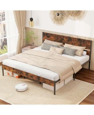 King Size Bed Frame with Wooden Headboard Under-Bed Storage No Box Spring Needed