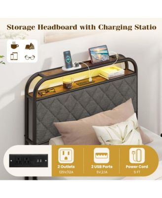 Twin Size Bed Frame with LED Lights & Charging Station Storage Headboard & Drawers