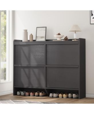 Shoe Cabinet with 4 Flip Drawers Narrow Cabinet with Adjustable and Removable Shelves Modern Wooden Shoe Organizer with Hidden Handle