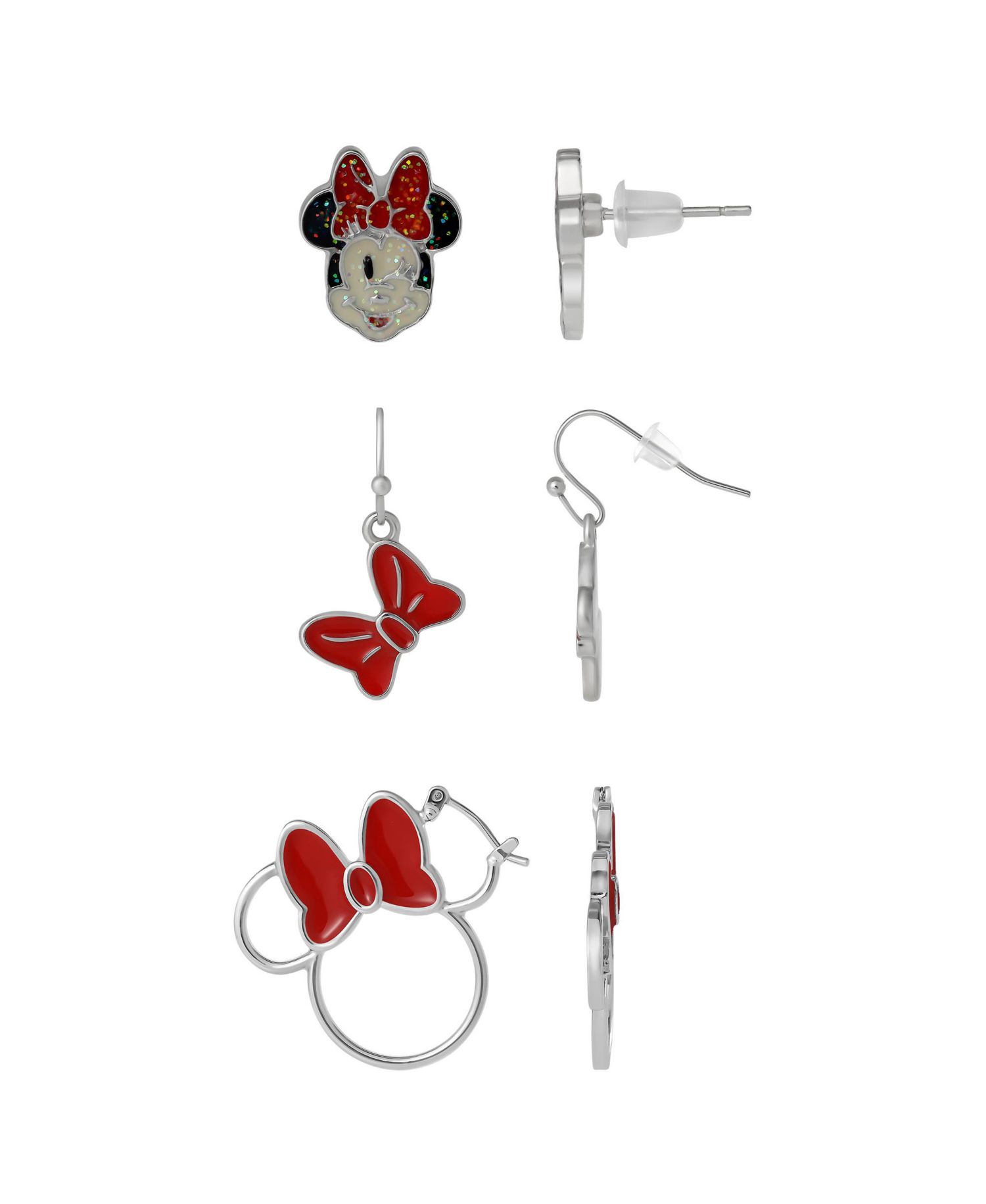 Minnie Mouse Bow Earring Set, 3 Pairs (Hoops, Drops & Studs), Silver Tone