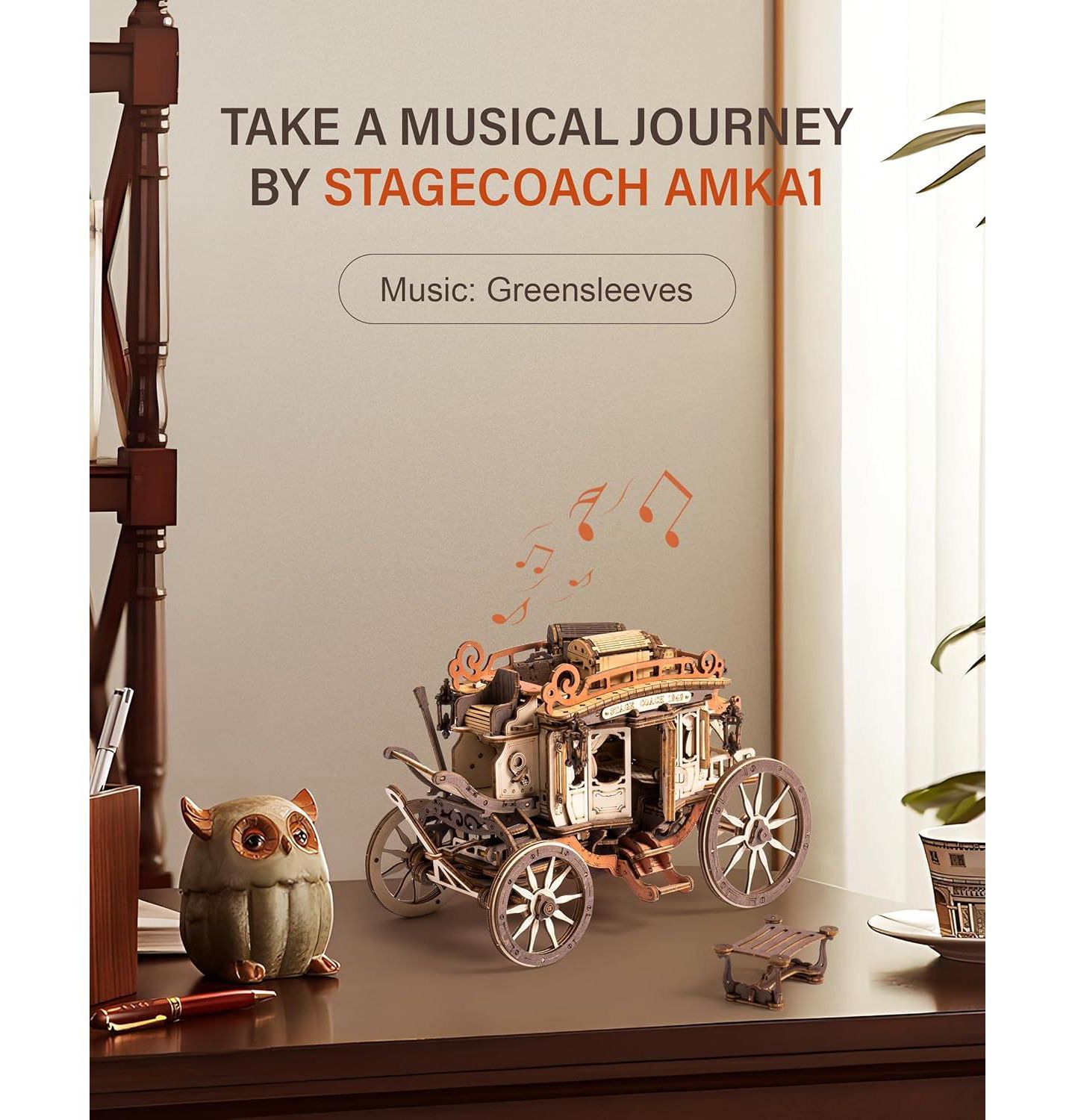 Детские конструкторы Robotime Stagecoach Mechanical Music Box 199-Piece Wooden Puzzle, Ages 14+ — фото 3