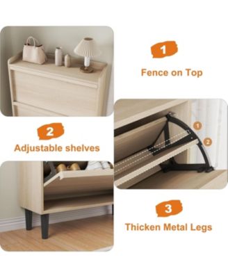 Shoe Cabinet with 2 Flip Drawers Narrow Cabinet with Adjustable and Removable Shelves Modern Wooden Shoe Organizer with Hidden Handle
