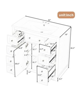 36" Bathroom Vanity with Ceramic Sink, Solid Wood MDF Cabinet with 6 Drawers, Adjustable Shelf for Storage