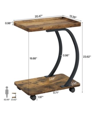 C-Shaped End Table, Industrial 2-Tier Small Side Table with Wheels, Wood Bedside Snack Couch Table with Metal Frame.