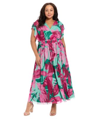 Plus Size Flutter-Sleeve Surplice V-Neck Mesh Maxi dress