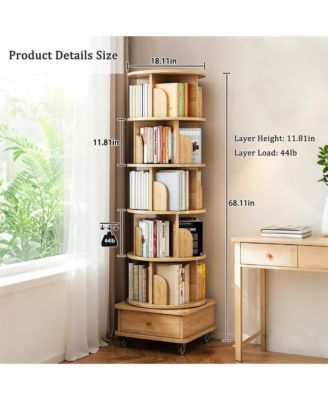 6 Tier Rotating Bookshelf with Drawers On Wheel, 360° Display Spinning Corner Bookcase, Wooden Storage Rack for Study Room