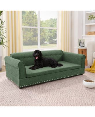 Oversized Pet Sofa, Modern Linen Fabric Elevated Dog Bed with Backrest & Armrest for Large Dogs