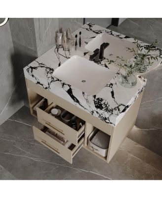 29.9" Floating Bathroom Vanity with Ceramic Sink, Sintered Stone Top, 2 Soft Close Drawers, Wall Mounted for Small Bathrooms