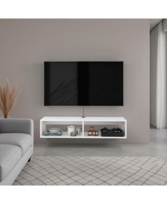 Arctic Floating White TV Stand with Open Shelves for Storage, Modern Design.