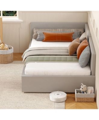 Twin Daybed with Headboard Velvet Upholstered Sofa Bed Guardrail Adjustable Wooden Slats Light Gray