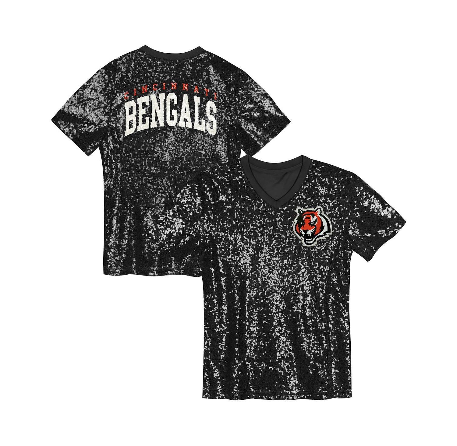 Big Girls Black Cincinnati Bengals Wordmark Sequin V-Neck Top