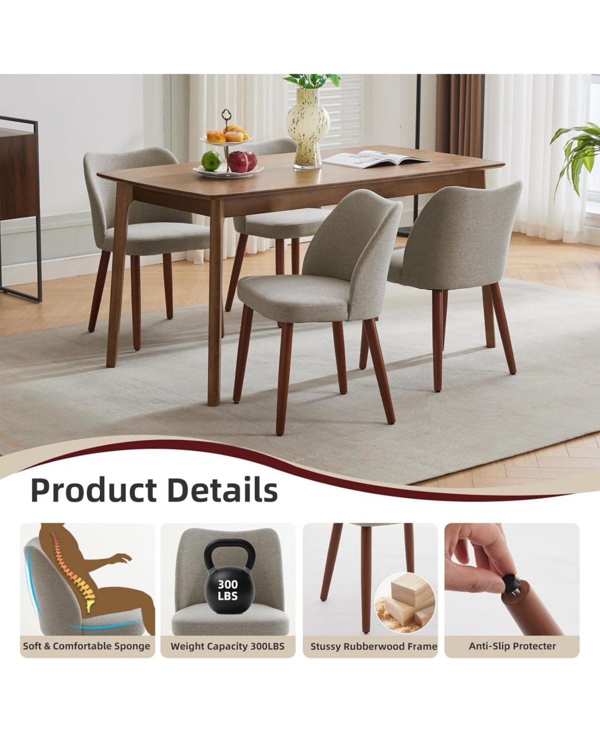 gaomon Modern Linen Dining Chairs Set of 2, Upholstered Chairs with Padded Seat and Wood Legs, Grey