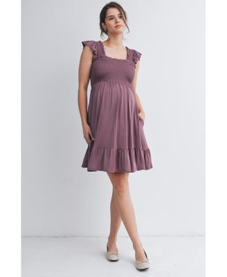 Maternity Empire Waist Cap Sleeve Smocked Dress with Ruffle Hem