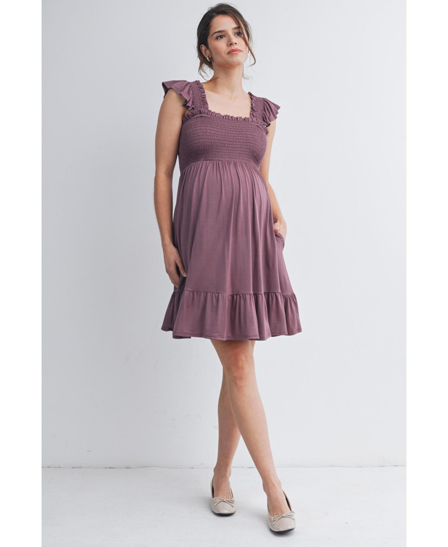 Women's Empire Waist Cap Sleeve Smocked Dress with Ruffle Hem
