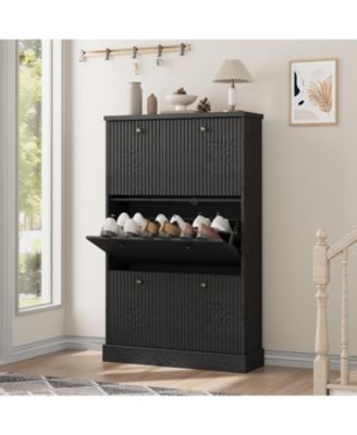 Shoe Cabinet with 3 Flip Drawers Modern Fluted Cabinet with Adjustable Shelves Freestanding Wooden Shoe Organizer for Entryway Hallway