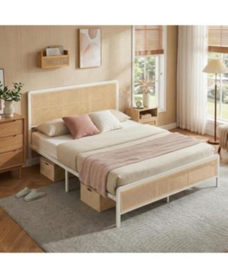 Size Rattan Bed Frame with Headboard, Modern Style Cane Boho Bed Frames with Heavy Duty Sturdy Steel Slat Support, No Box Spring Needed