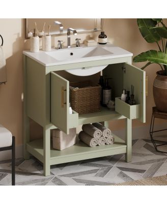 30" Bathroom Vanity with Ceramic Sink, Soft Close Doors & Open Shelf, Space-Saving Storage for Small Bathrooms