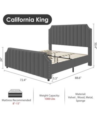 California King Platform Bed Frame Velvet Upholstered Tall Headboard Footboard Nailhead Trim No Box Spring Light