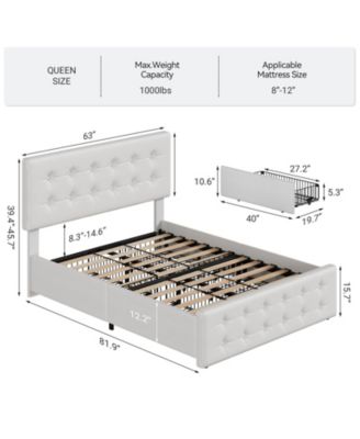 Queen Bed Frame 4 Storage Drawers Linen Upholstered Headboard Wooden Slats No Box Spring Button Tufted