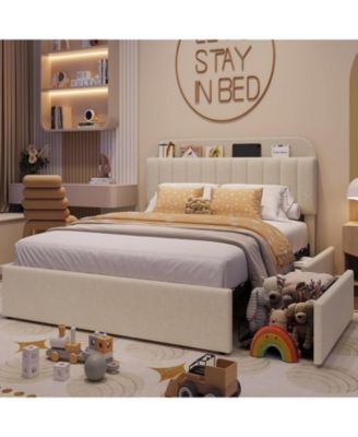 Full Bed Frame Storage Headboard 2 Drawers Boucle Upholstered Platform Bookcase Easy Assembly No Box Spring
