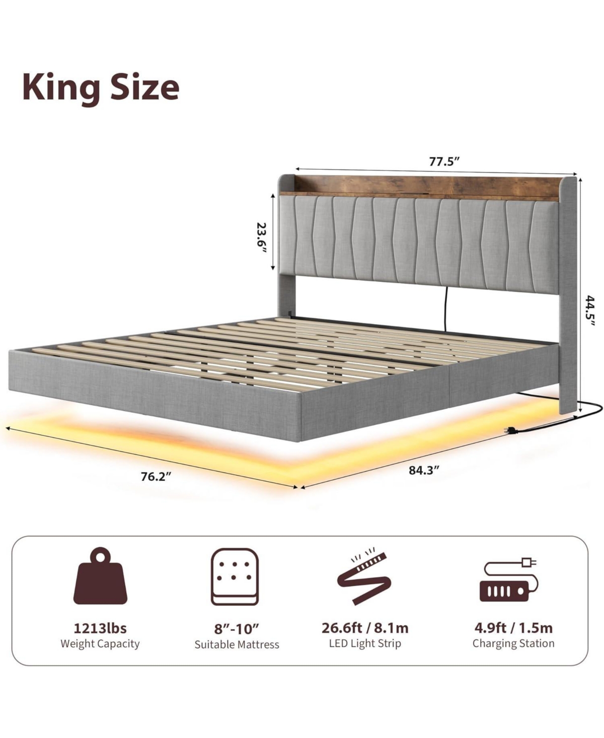 gaomon Floating Bed Frame with Led Lights & Charging Station Upholstered Platform Storage Headboard Wood Slats Support Easy to Assemble