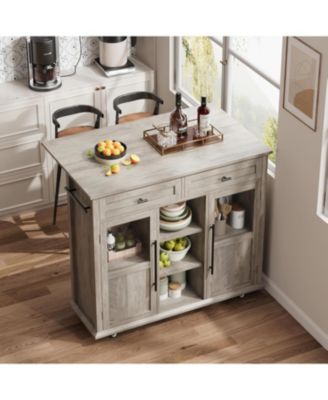 Mobile Storage Island, 2-Tier Rolling Kitchen Cart with Storage Shelf & Towel Rack, Kitchen Coffee Bar Station with Drop Leaf for Small Spaces